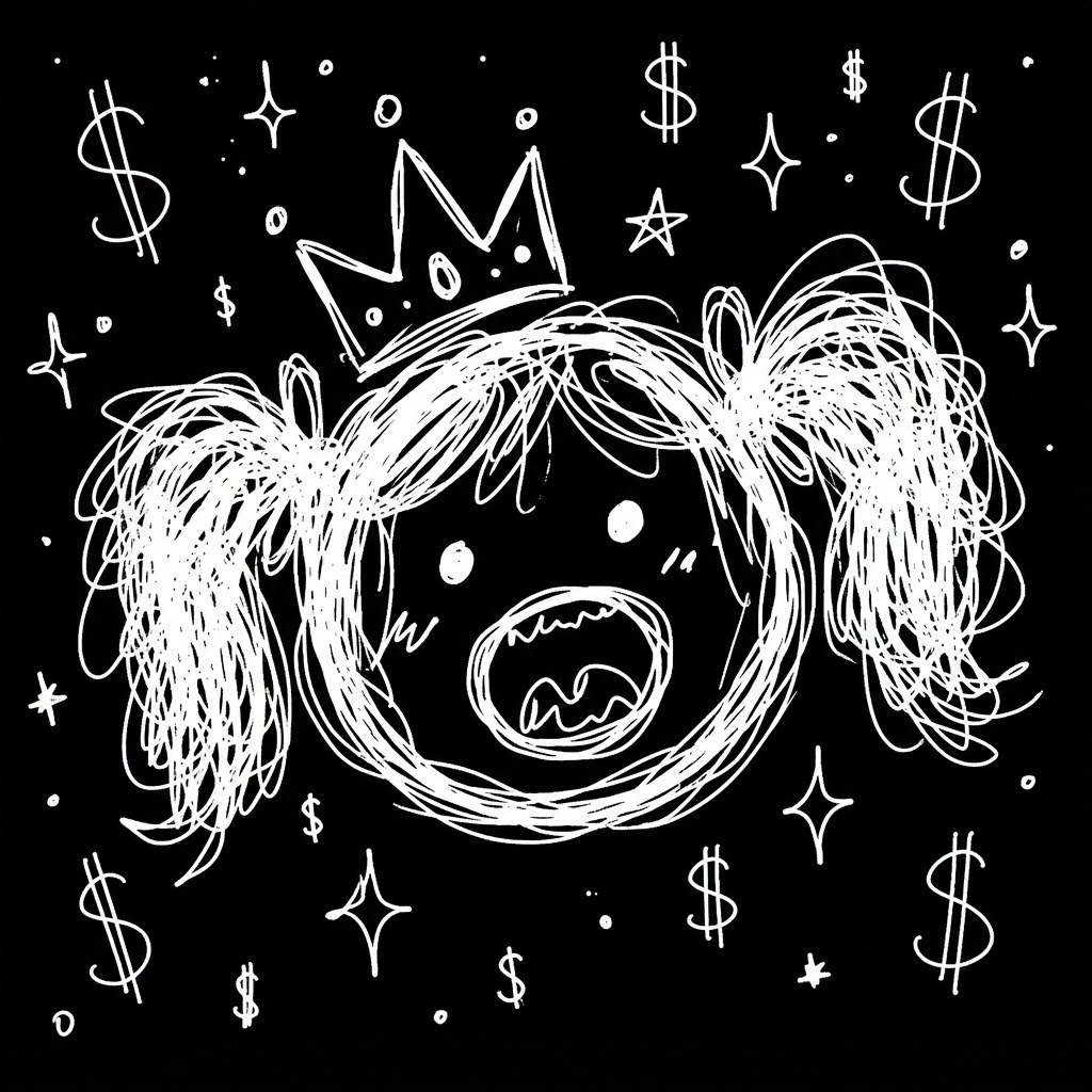 Gorkina doodle wearing a crown surrounded by dollar signs