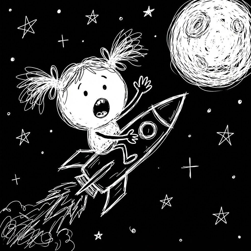 Gorkina doodle riding a rocket to the moon