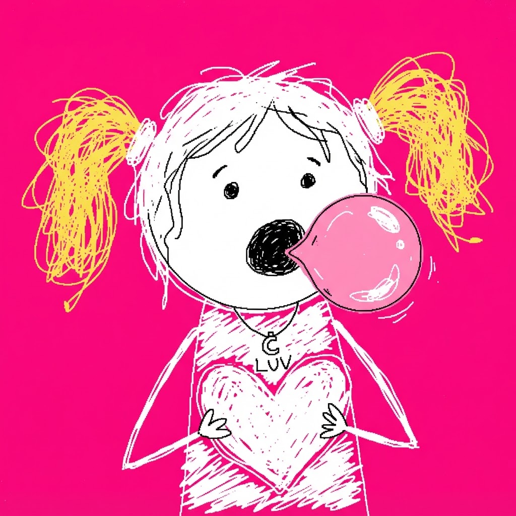 Gorkina doodle blowing a bubblegum bubble holding a heart